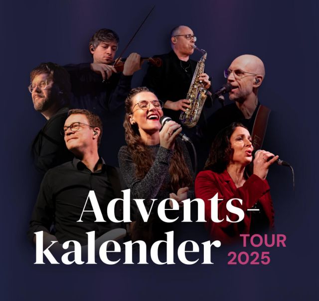 7 Musiker in einer Collage dargestellt. Manche haben ein Instrument oder Mikrofon in der Hand. Dadrunter steht "Adventskalender TOUR 2025"