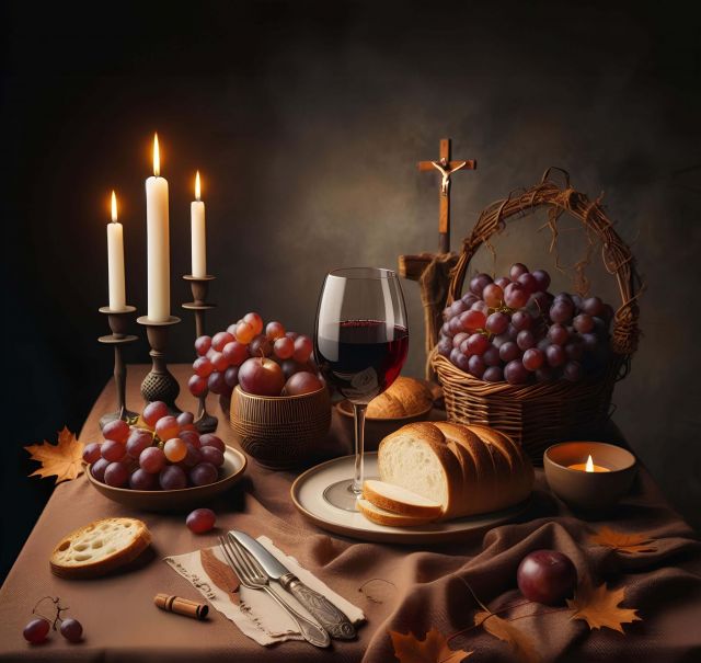 Ein Tisch  mit brauner Decke ist gedeckt mit Weintrauben, Obst, geschnittenes Weißbrot und einer Seriviette mit Besteck. Auf einem Teller steht ein Weinglas mit Rotwein gefüllt. Zur Deko stehen 3 Kerzenleuchter mit weißen Kerzen, ein Teelicht in einer