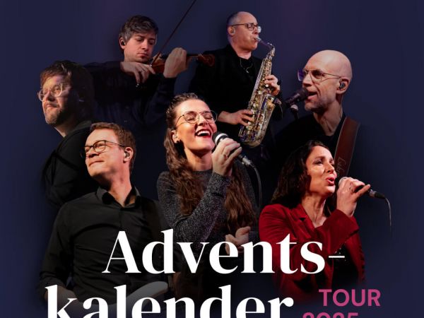 7 Musiker in einer Collage dargestellt. Manche haben ein Instrument oder Mikrofon in der Hand. Dadrunter steht "Adventskalender TOUR 2025"