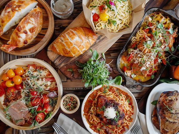 Auf einem Tisch stehen viele Schüsseln mit Speisen. In der Mitte liegt ein Holzbrett mit frischem Brot und Kräutern.