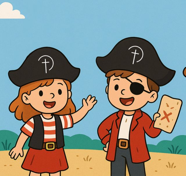 Auf einem gezeichneten Bild sind zwei Kinder als Piraten verkleidet zu sehen mit einer Schatzkarte. Dadrüber sieht man eine Flagge mit der Aufschrift "20. – 22.03.2026 Kinder-Bibel-Wochenende für Kinder von 5-12 Jahren"