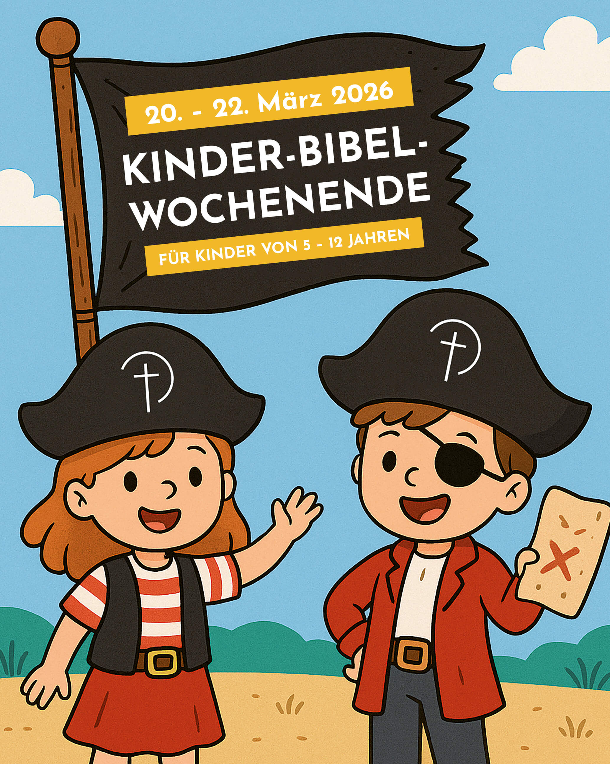 Auf einem gezeichneten Bild sind zwei Kinder als Piraten verkleidet zu sehen mit einer Schatzkarte. Dadrüber sieht man eine Flagge mit der Aufschrift "20. – 22.03.2026 Kinder-Bibel-Wochenende für Kinder von 5-12 Jahren"