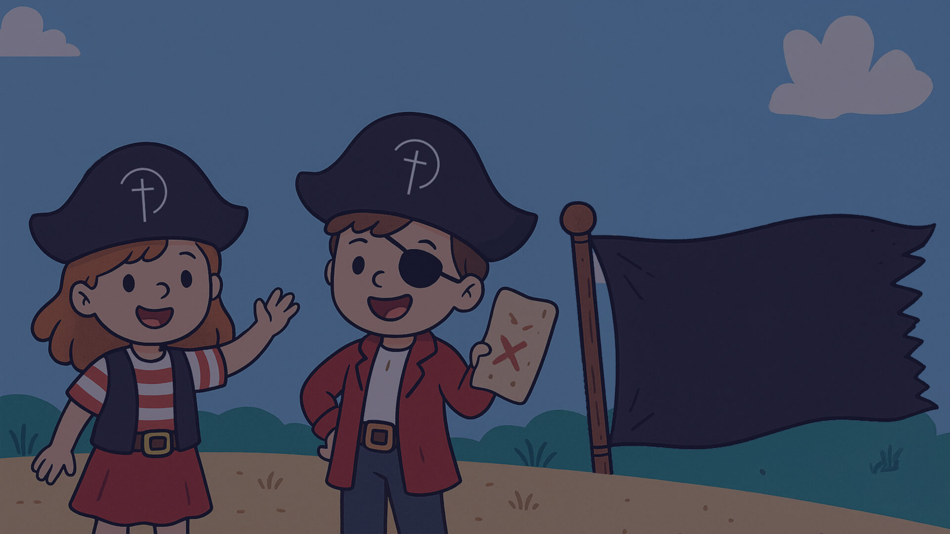 Auf einem gezeichneten Bild sind zwei Kinder als Piraten verkleidet zu sehen mit einer Schatzkarte. Dadrüber sieht man eine Flagge mit der Aufschrift "20. – 22.03.2026 Kinder-Bibel-Wochenende für Kinder von 5-12 Jahren"