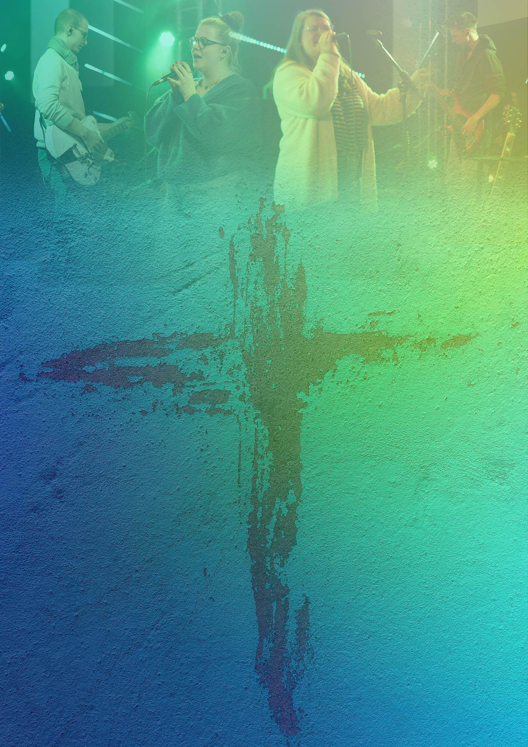 Oben auf dem Bild sind 4 Personen abgebildet. 2 davon singen, 2 weitere spielen Gitarre/Bass. In der Mitte ist das Barefootlogo. Unten auf dem Bild ist ein gezeichnetes Kreuz. Über dem gesamten Bild liegt ein leicht transparenter blau-grün-gelber Verlauf.