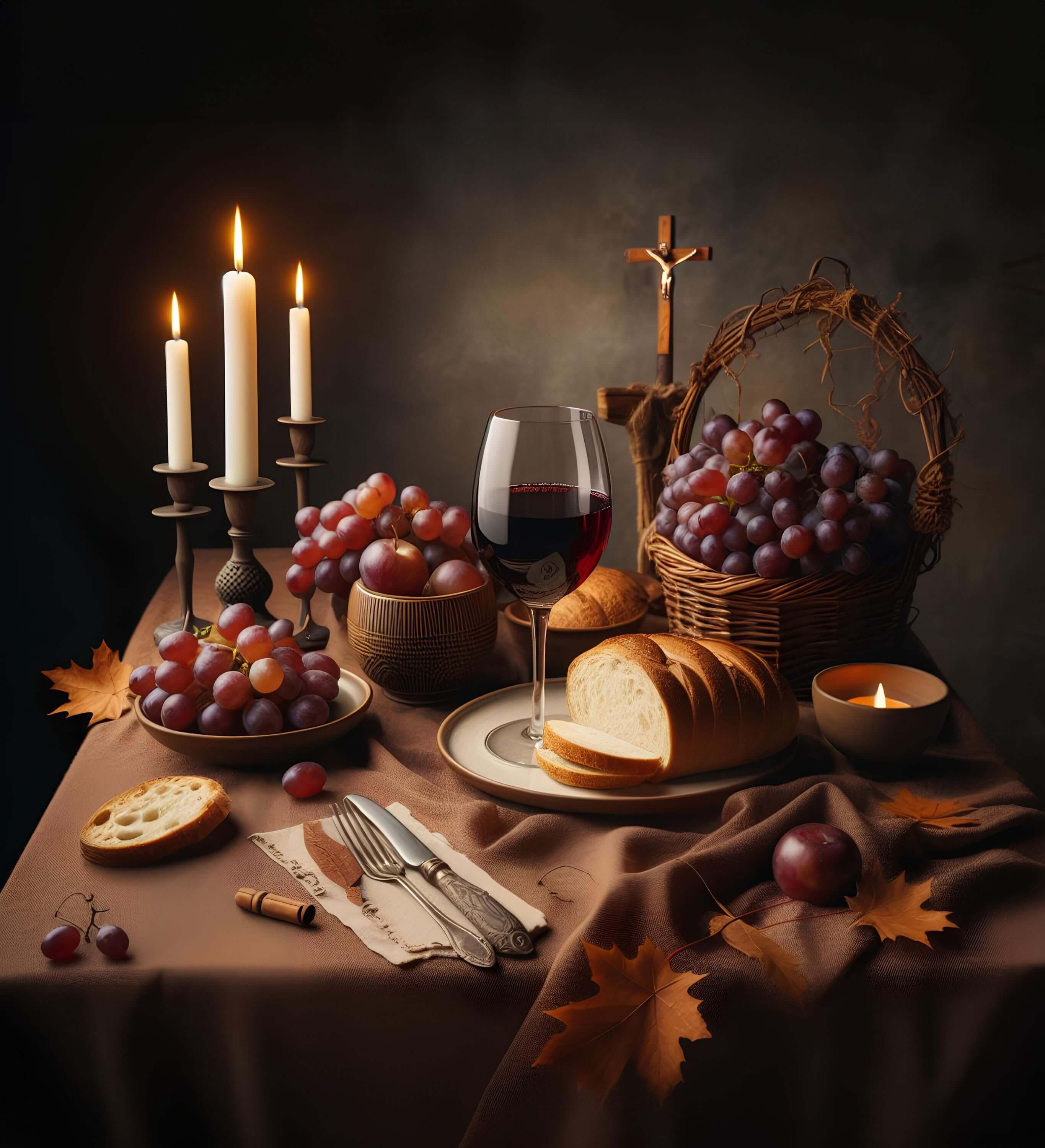 Ein Tisch  mit brauner Decke ist gedeckt mit Weintrauben, Obst, geschnittenes Weißbrot und einer Seriviette mit Besteck. Auf einem Teller steht ein Weinglas mit Rotwein gefüllt. Zur Deko stehen 3 Kerzenleuchter mit weißen Kerzen, ein Teelicht in einer